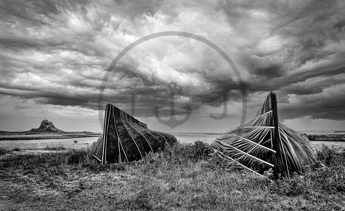 Lindisfarne Holy Island Upturned Boats Black And White Poster - Image 3