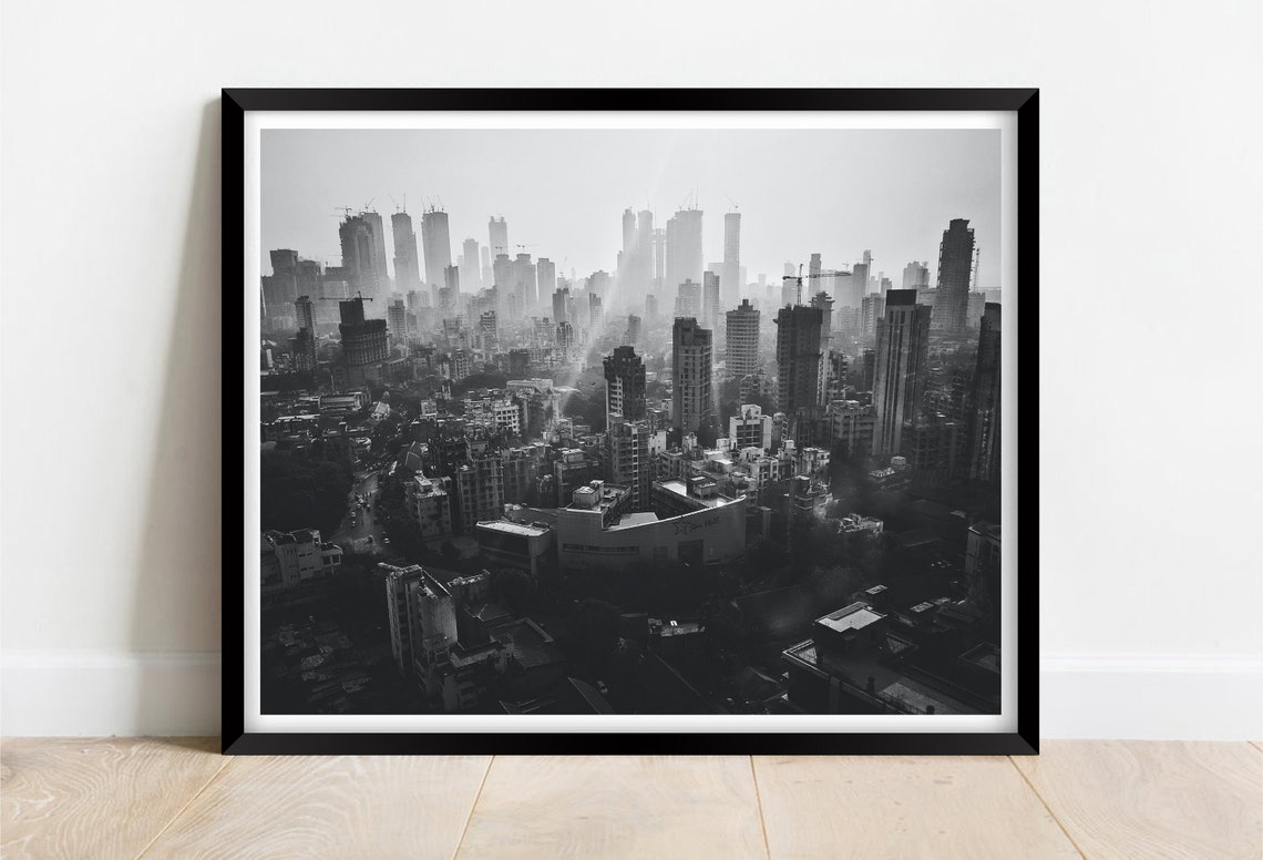 Mumbai India Black And White Skyline Through Morning Haze Poster