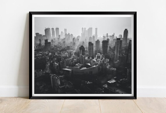 Mumbai India Black And White Skyline Through Morning Haze Poster