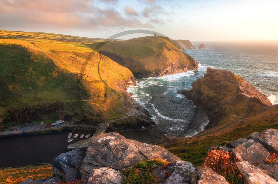 Boscastle Beach Cornwall Harbour Golden Cliffs Sunset Poster - Image 3
