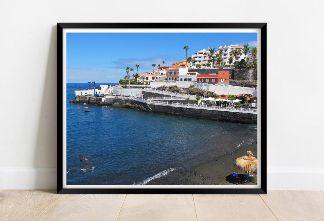 Black Sand Beach Whitewashed Coastal Town Volcanic Shore Poster