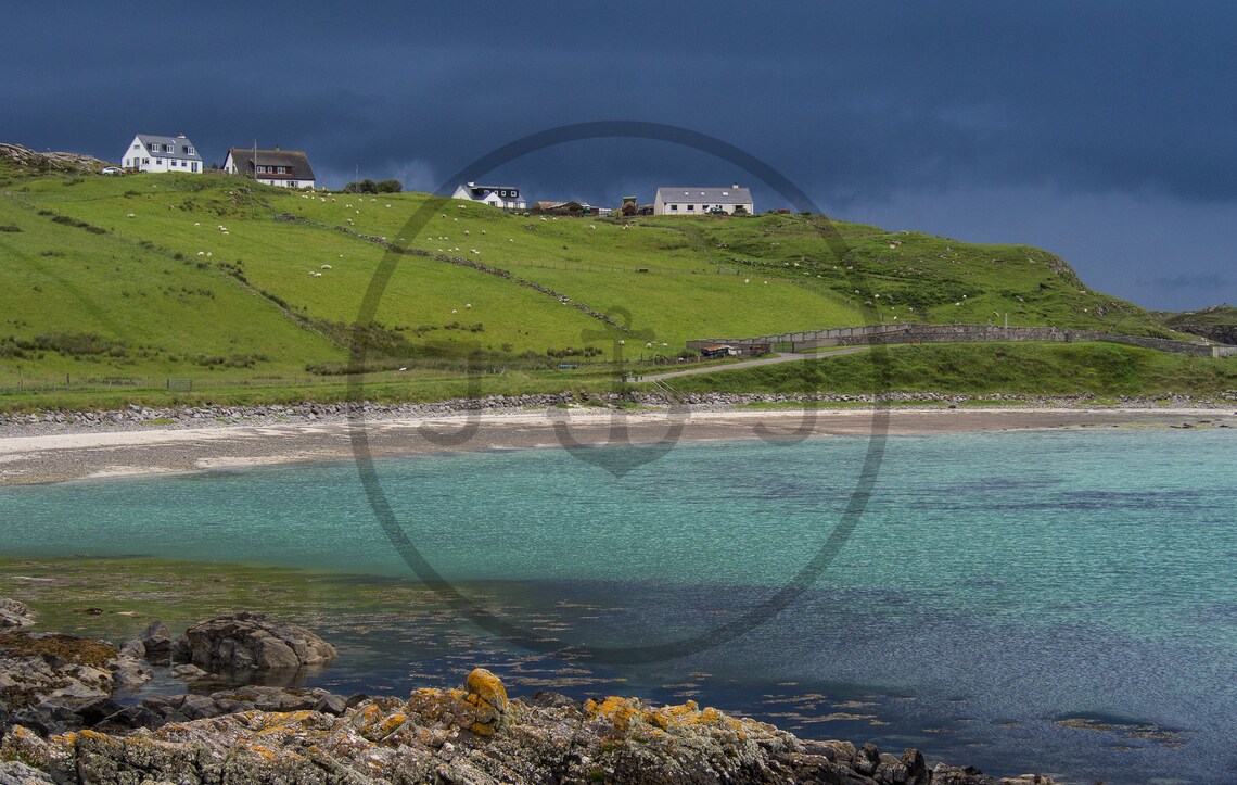 Scourie Bay Scotland Green Hillside Cottages Turquoise Bay Poster - Image 3