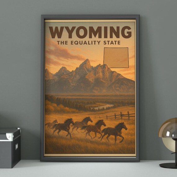 Wyoming The Equality State Vintage Mustang Peaks Travel Art Print