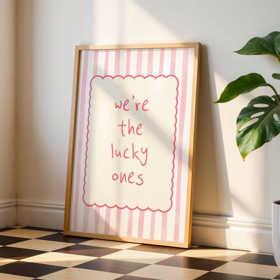 We Are the Lucky Ones Pink Striped Scallop Border Quote Art Poster