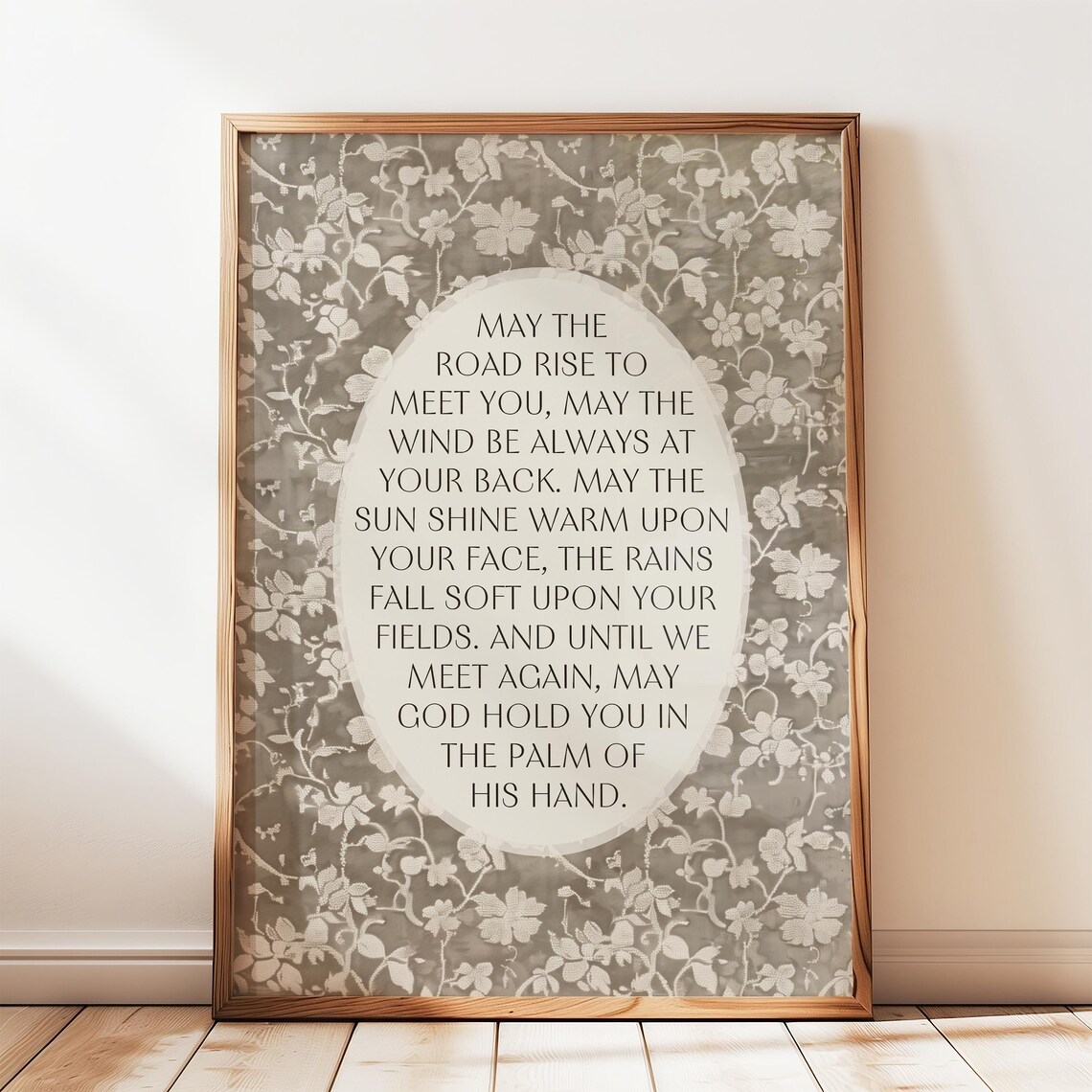 Irish Blessing Poem Art Print, Neutral Botanical Pattern