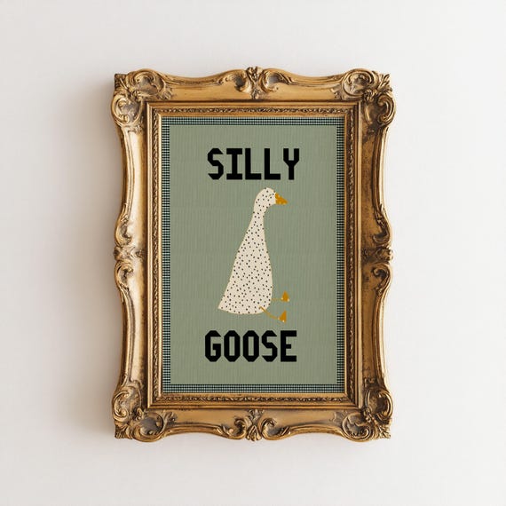 Silly Goose Quilted Print Cute Poster Green Boy Nursery Decor Farm Animal Kids Room Illustration Modern Quilt