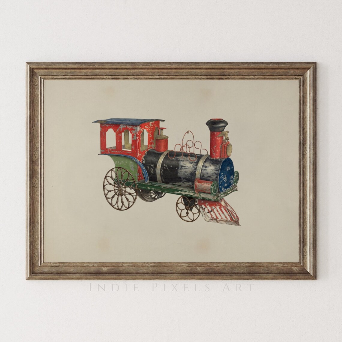 Vintage Tin Toy Train Engine Red Green Antique Locomotive Art Print