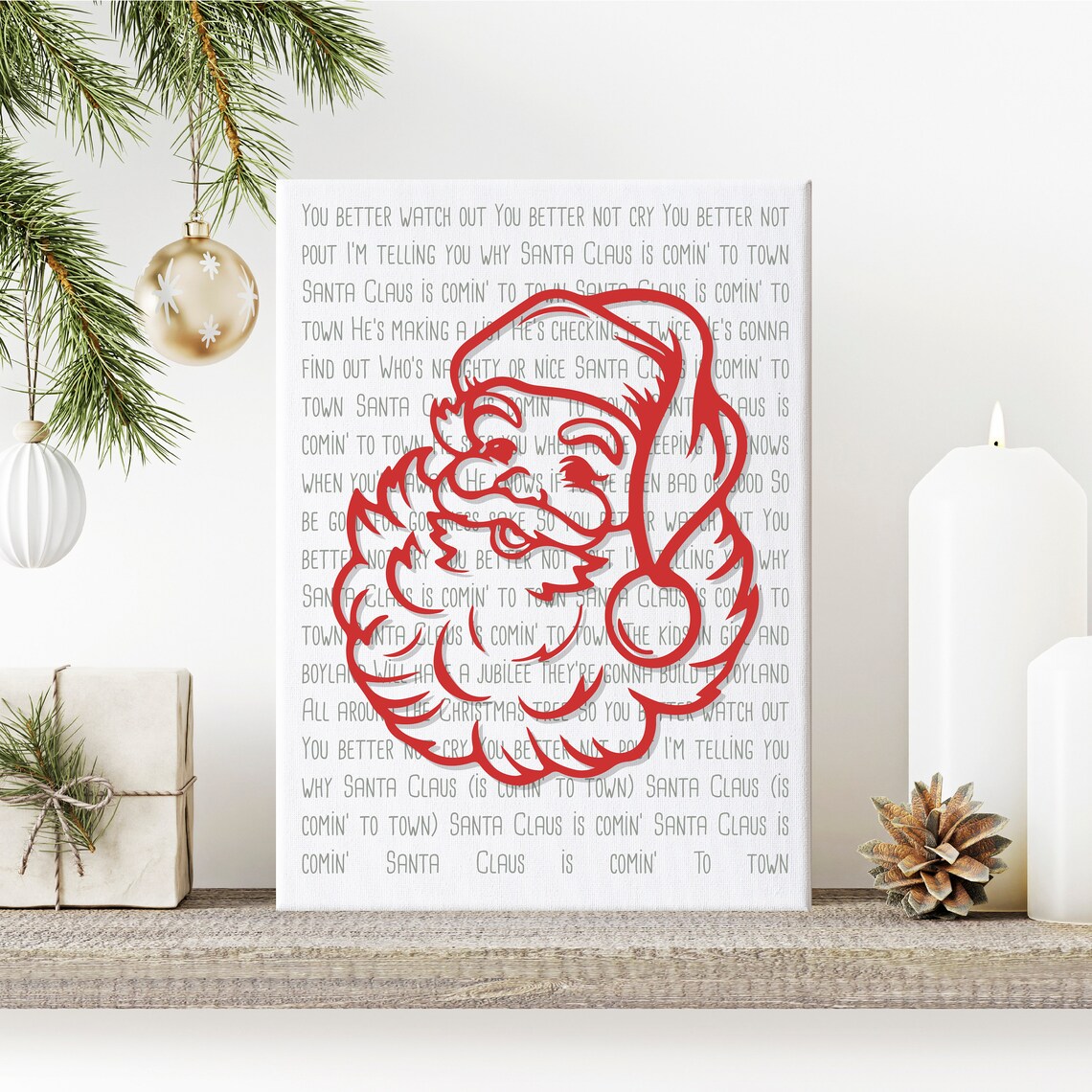 Santa Claus Is Comin' to Town Lyrics Art Red Santa Outline Poster - Image 3
