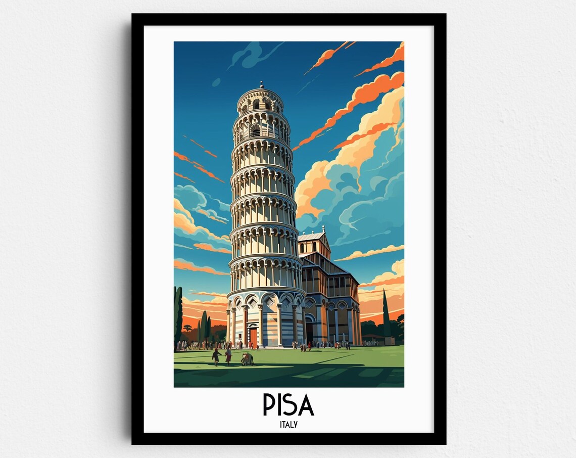 Pisa Italy Leaning Tower Sunset Sky Vintage Travel Art Poster