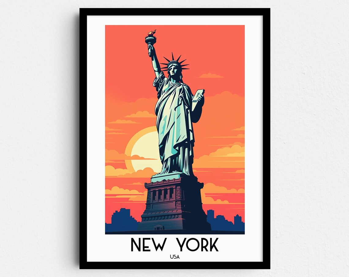 New York USA Statue of Liberty Sunset Vintage Travel Art Poster