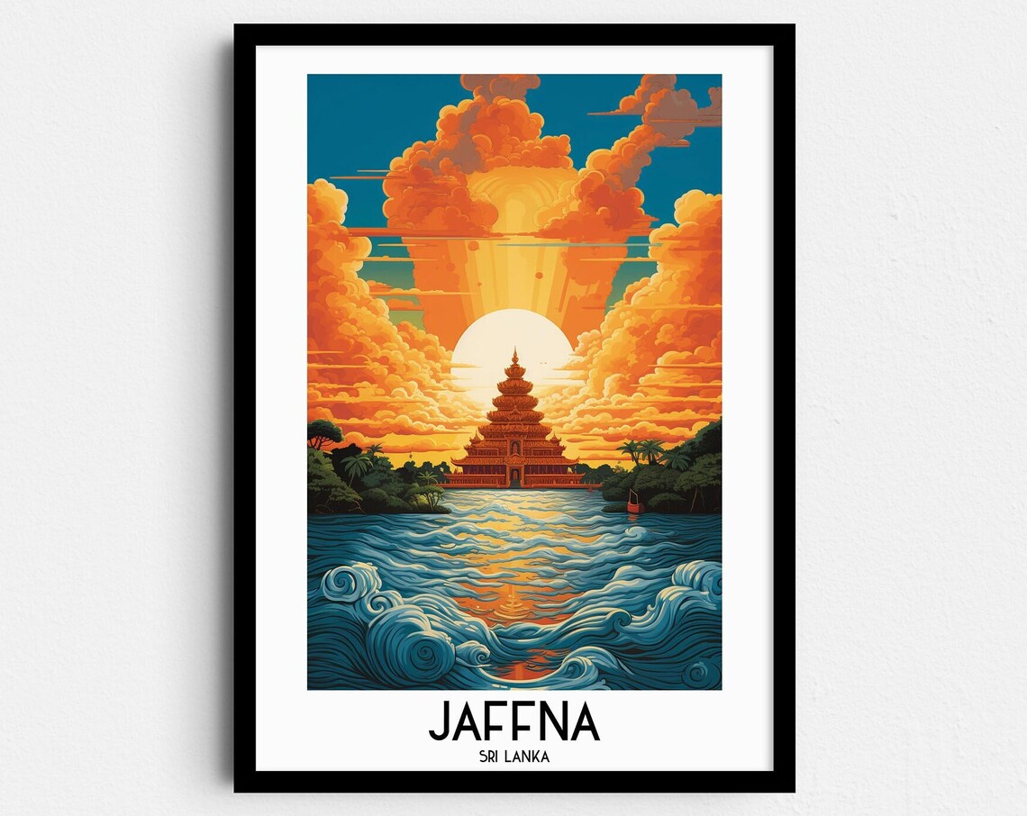 Jaffna Sri Lanka Hindu Temple Sunset Over Water Sacred Travel Poster