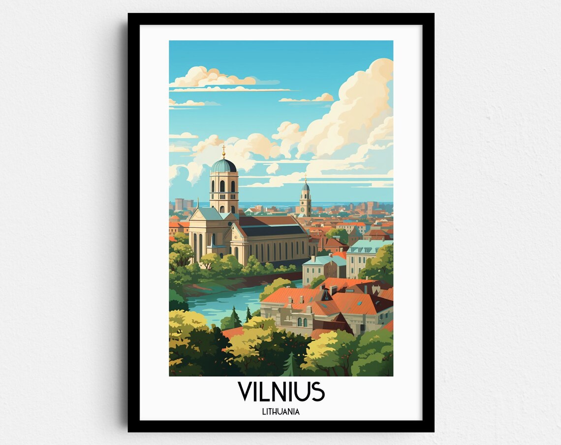 Vilnius Lithuania Old Town Cathedral River Skyline Travel Poster