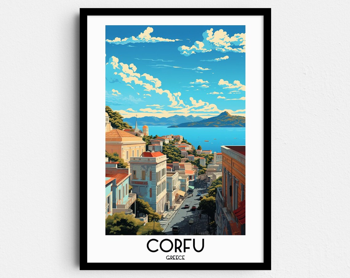 Corfu Greece Old Town Street Sloping Down to the Sea Travel Poster