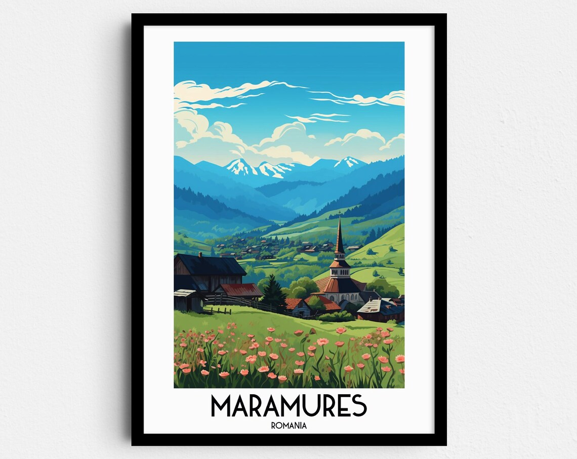 Maramures Romania Village Wooden Church Flower Meadow Mountain Poster