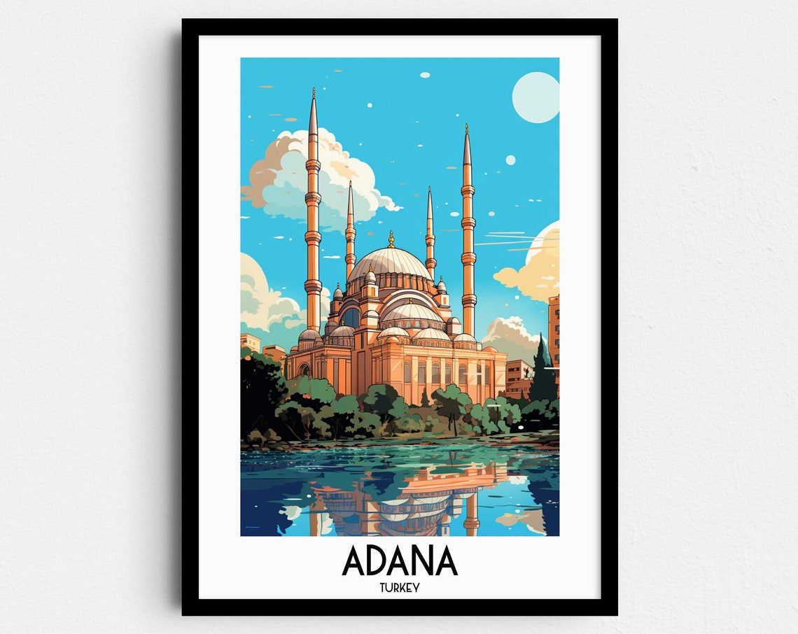 Adana Grand Mosque Riverside Reflection Daytime Turkey Travel Poster