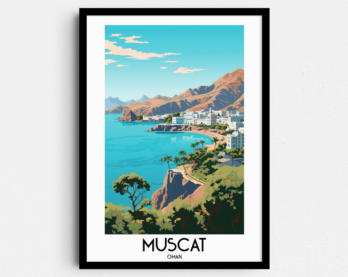 Muscat Oman Turquoise Bay White City Desert Mountains Travel Poster