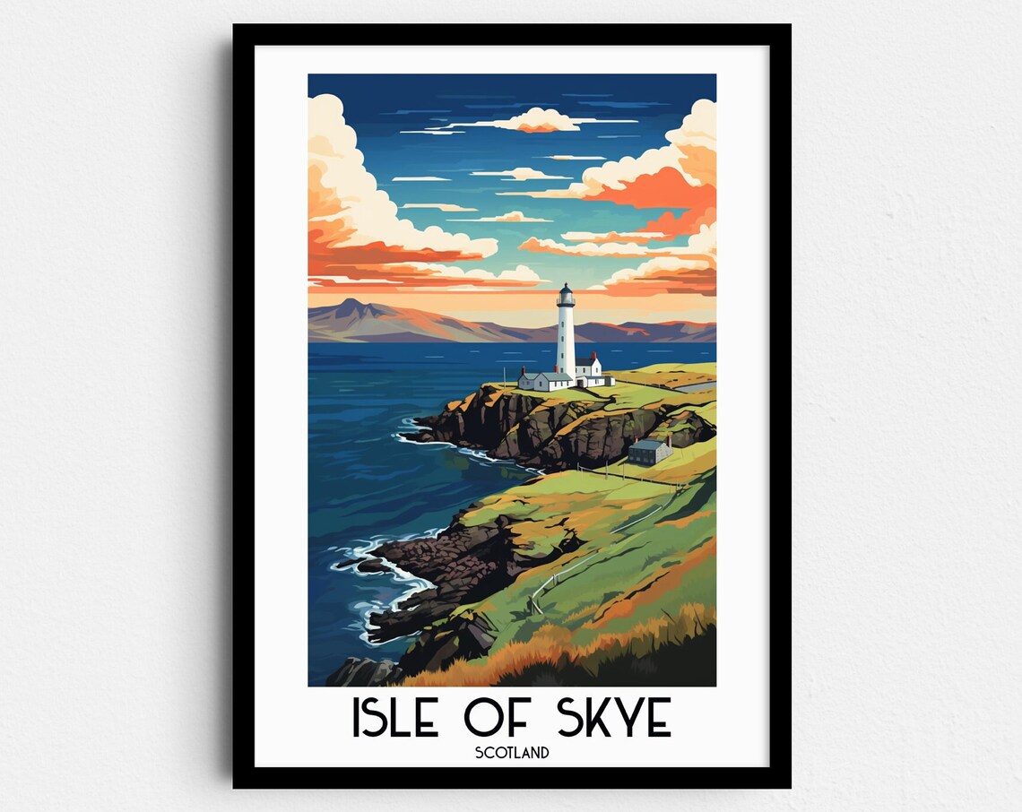 Isle of Skye Scotland Lighthouse Cliff Coast Sunset Travel Poster