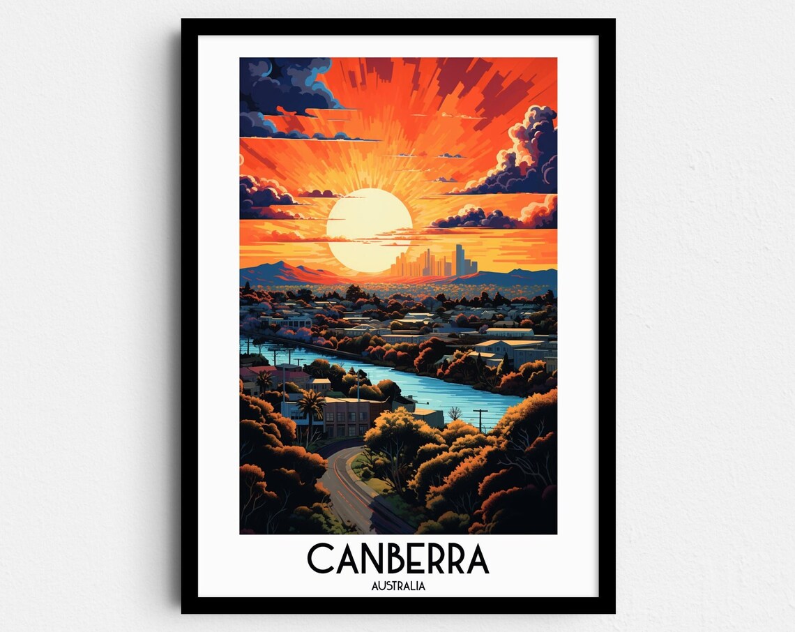 Canberra Golden Sunset Skyline River Australia Vintage Travel Poster