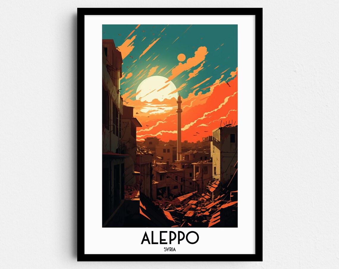 Aleppo Syria Old City Fiery Sunset Minaret Silhouette Travel Poster