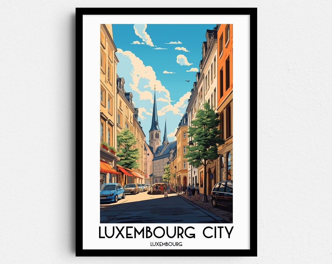 Luxembourg City Old Town Street Spires Vintage Travel Poster