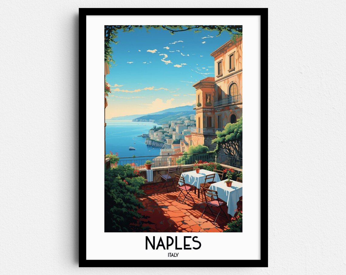 Naples Italy Terrace Sea View Cafe Vintage Travel Art Poster