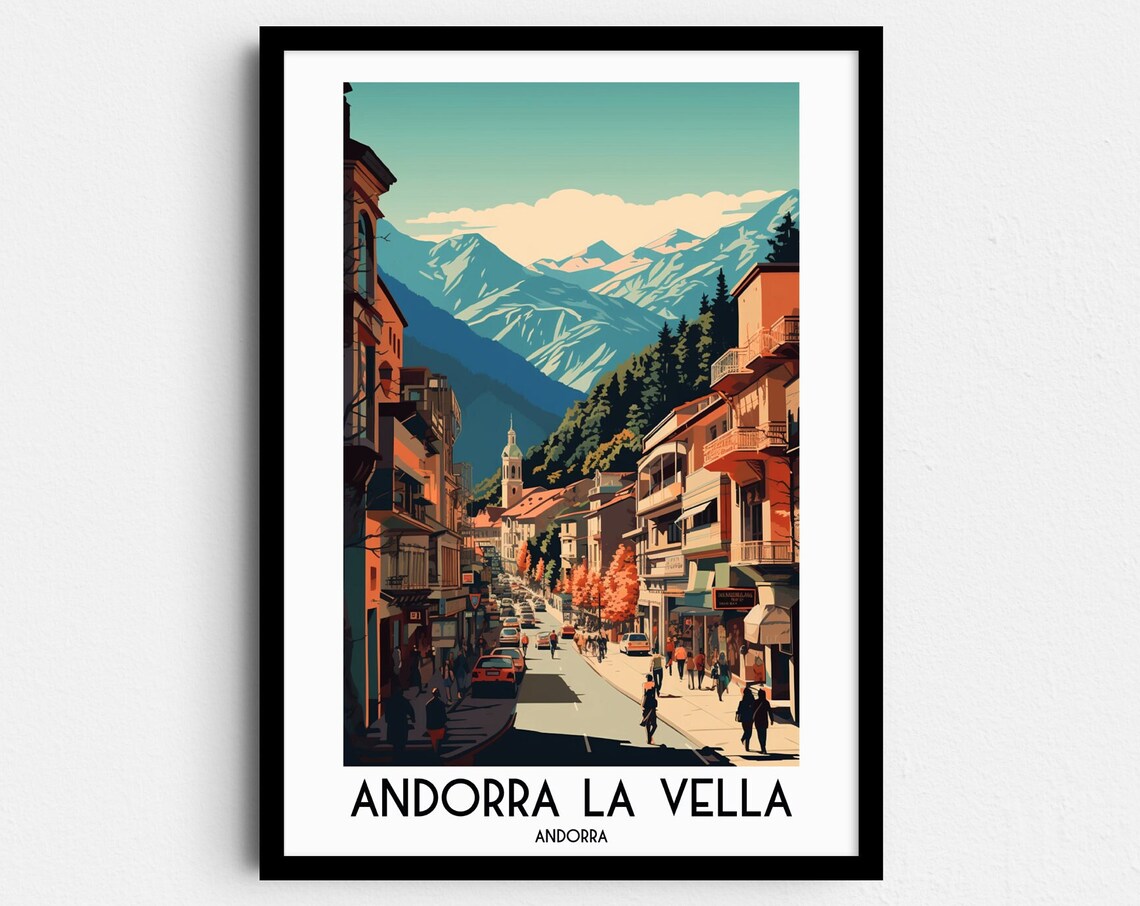 Andorra la Vella Shopping Street Mountain Backdrop Travel Poster