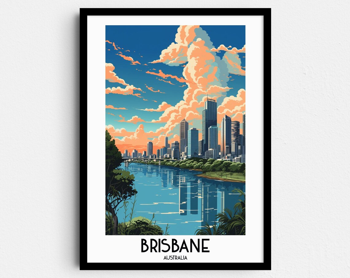 Brisbane Australia City Skyline River Sunset Urban Travel Poster