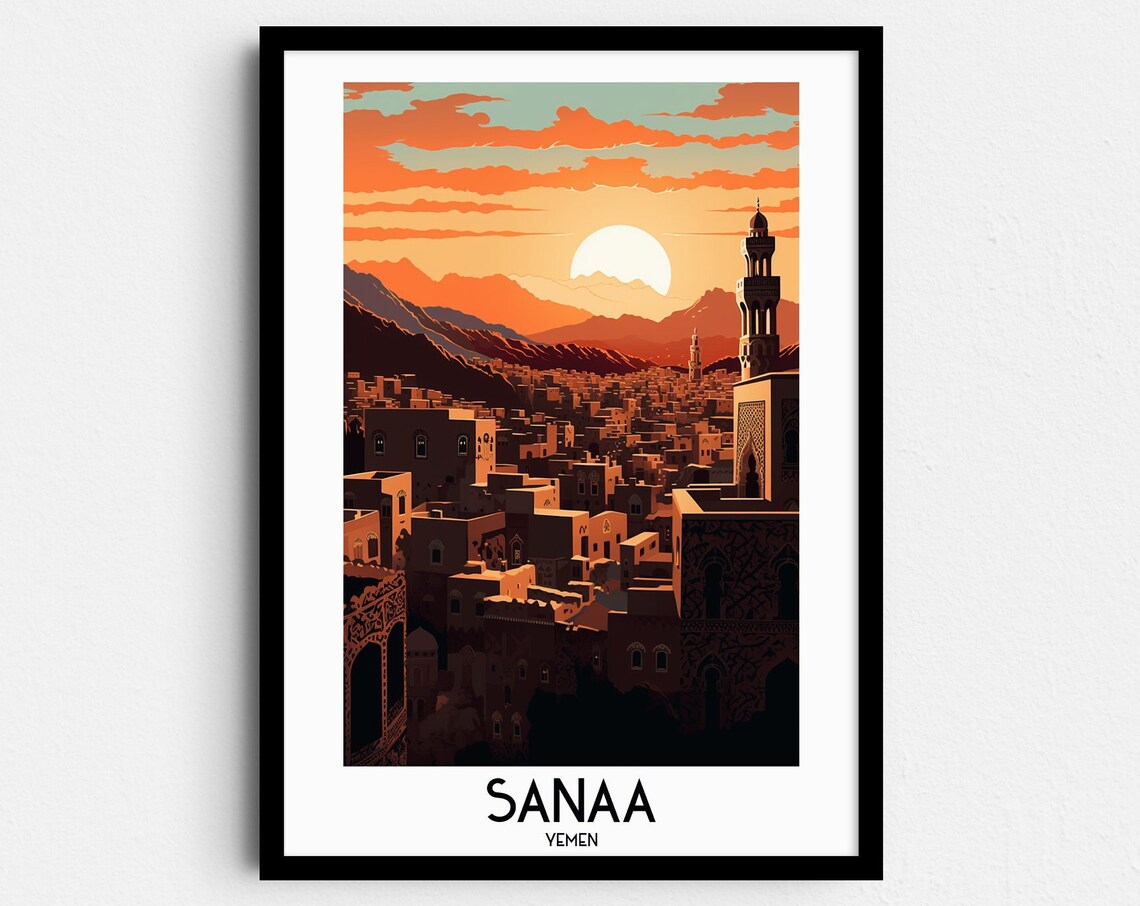 Sanaa Yemen Old City Skyline Minarets Sunset Arabian Travel Poster