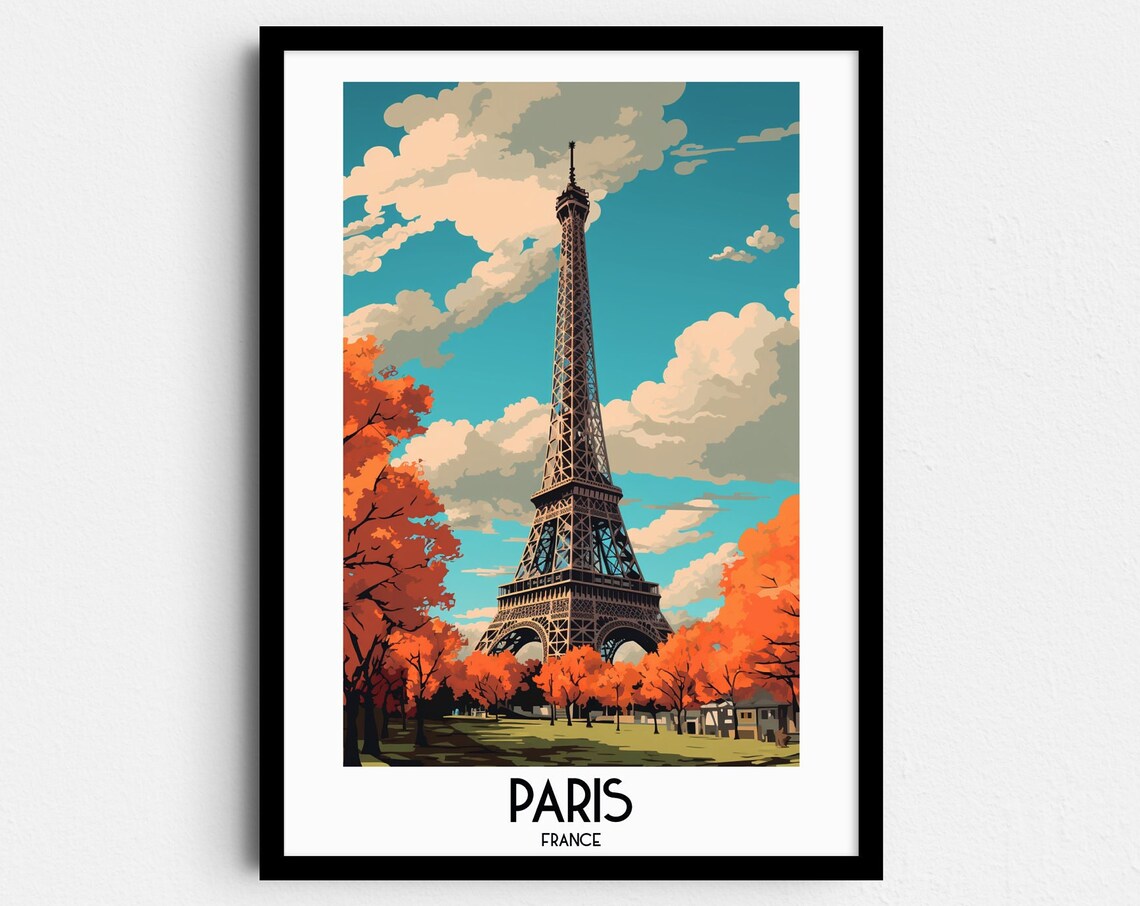 Paris France Eiffel Tower Autumn Trees Vintage Travel Art Poster