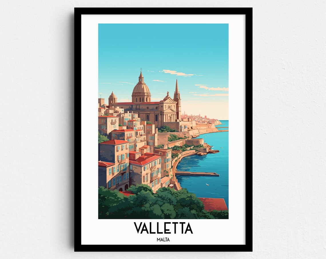 Valletta Malta Cathedral Dome Waterfront Retro Day Travel Poster