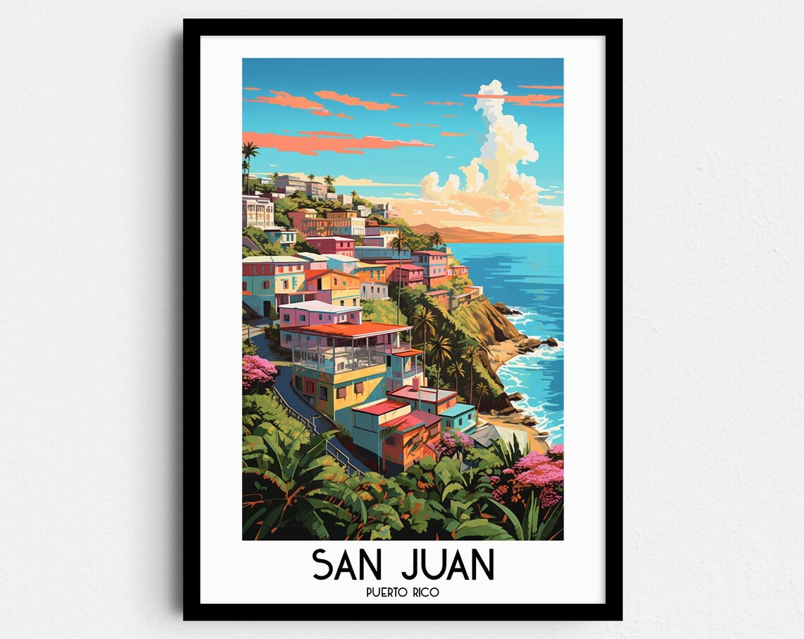 San Juan Puerto Rico Colorful Hillside Houses Ocean View Travel Poster