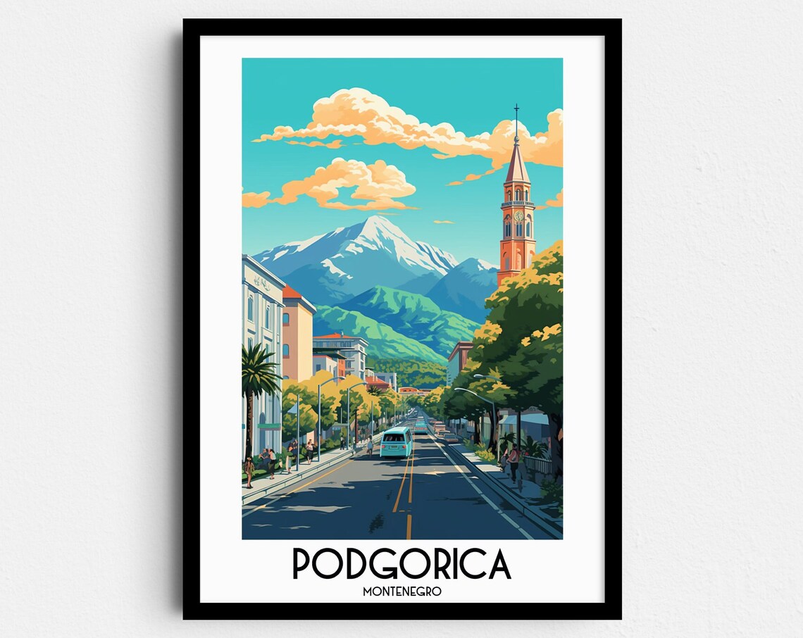 Podgorica Tree Lined Avenue Snowy Mountains Montenegro Travel Poster