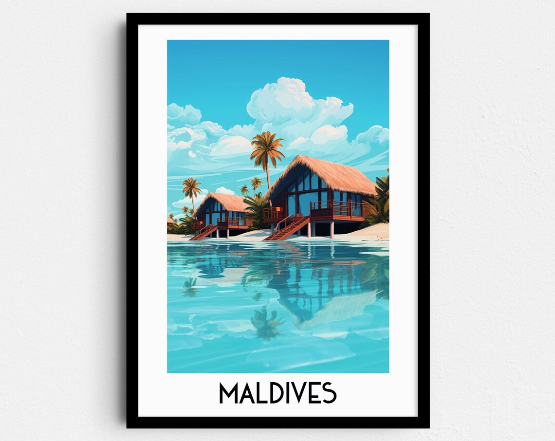 Maldives Overwater Villa Turquoise Lagoon Vintage Travel Art Poster