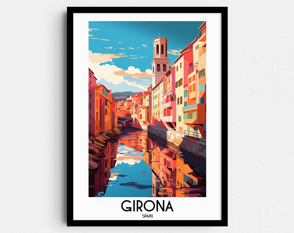 Girona Spain Colorful Riverside Old Town Church Tower Travel Poster