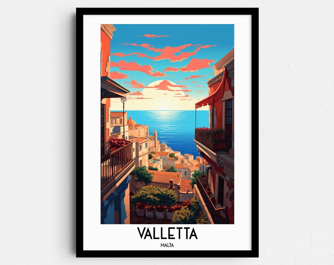 Valletta Malta Sunset Balcony Alley Retro Sea View Travel Poster