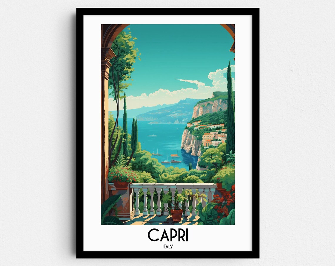 Capri Italy Terrace Overlooking Blue Sea Vintage Travel Poster