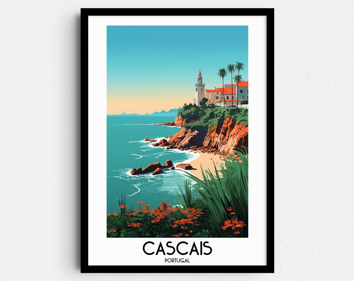Cascais Portugal Coastal Cliffs Lighthouse Turquoise Sea Travel Poster