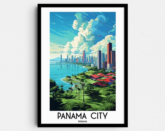 Panama City Panama Modern Skyline Bay Palms Tropical Travel Poster