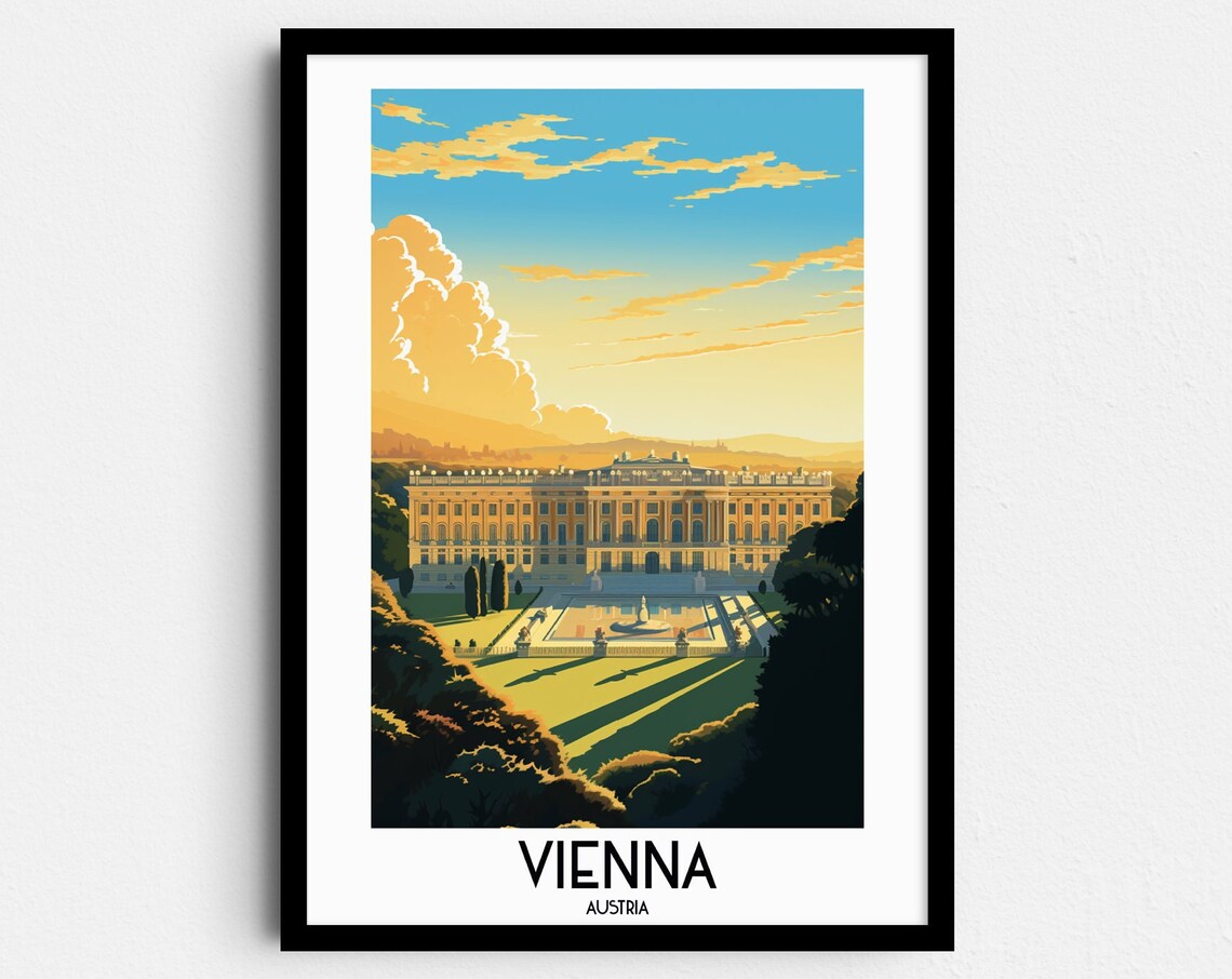 Vienna Austria Grand Palace Formal Gardens Sunset Travel Poster