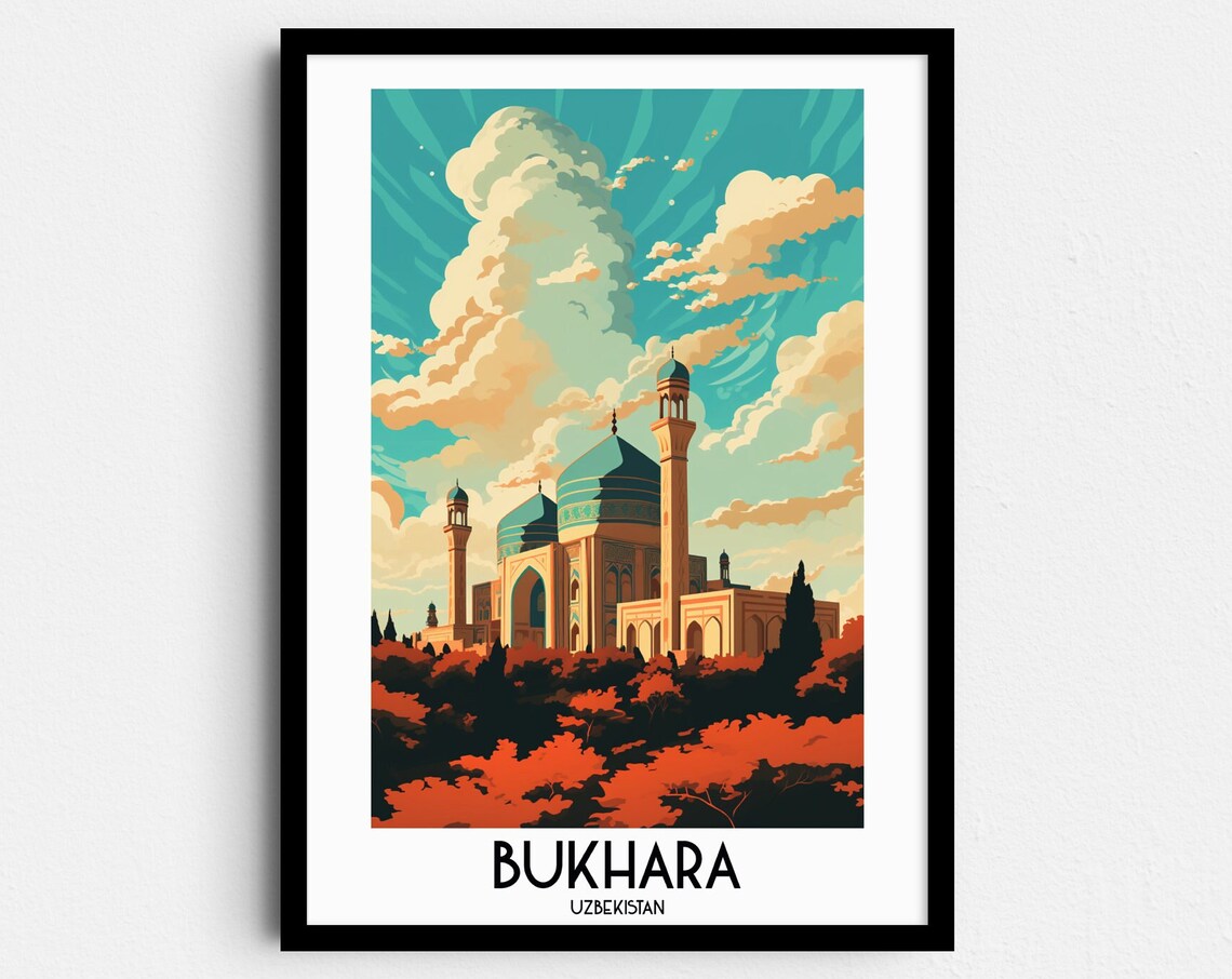 Bukhara Uzbekistan Turquoise Domes Minarets Silk Road Travel Poster