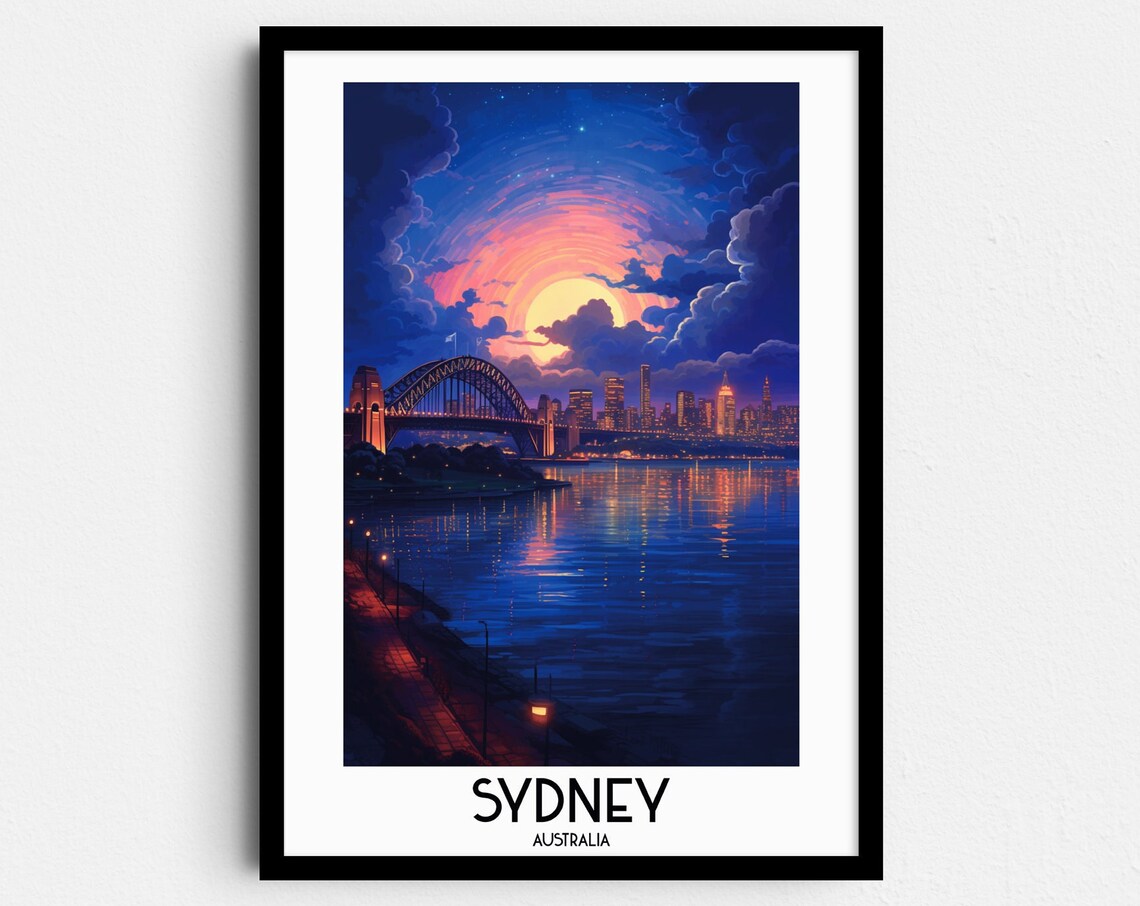 Sydney Australia Harbour Bridge Night Moonlit Waters Travel Poster