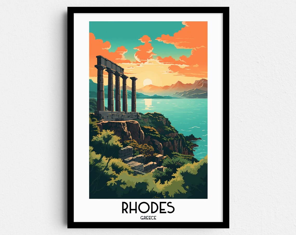 Rhodes Ancient Temple Ruins Sunset Over the Sea Greece Travel Poster