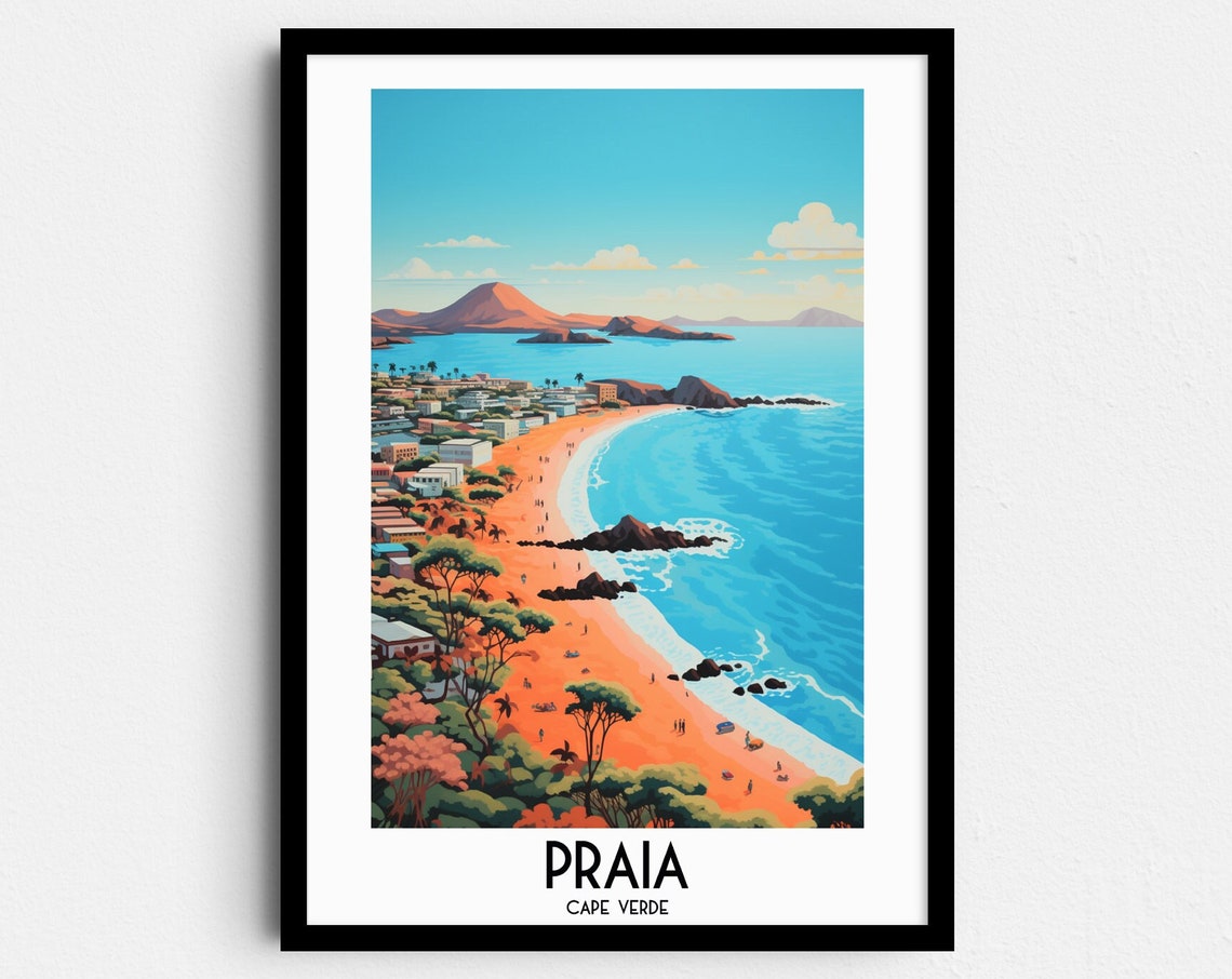 Praia Beach Turquoise Bay Coastline Cape Verde Vintage Travel Poster