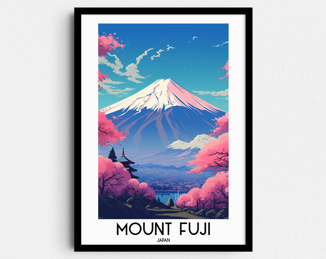 Mount Fuji Japan Cherry Blossom Pagoda Peak Spring Travel Poster