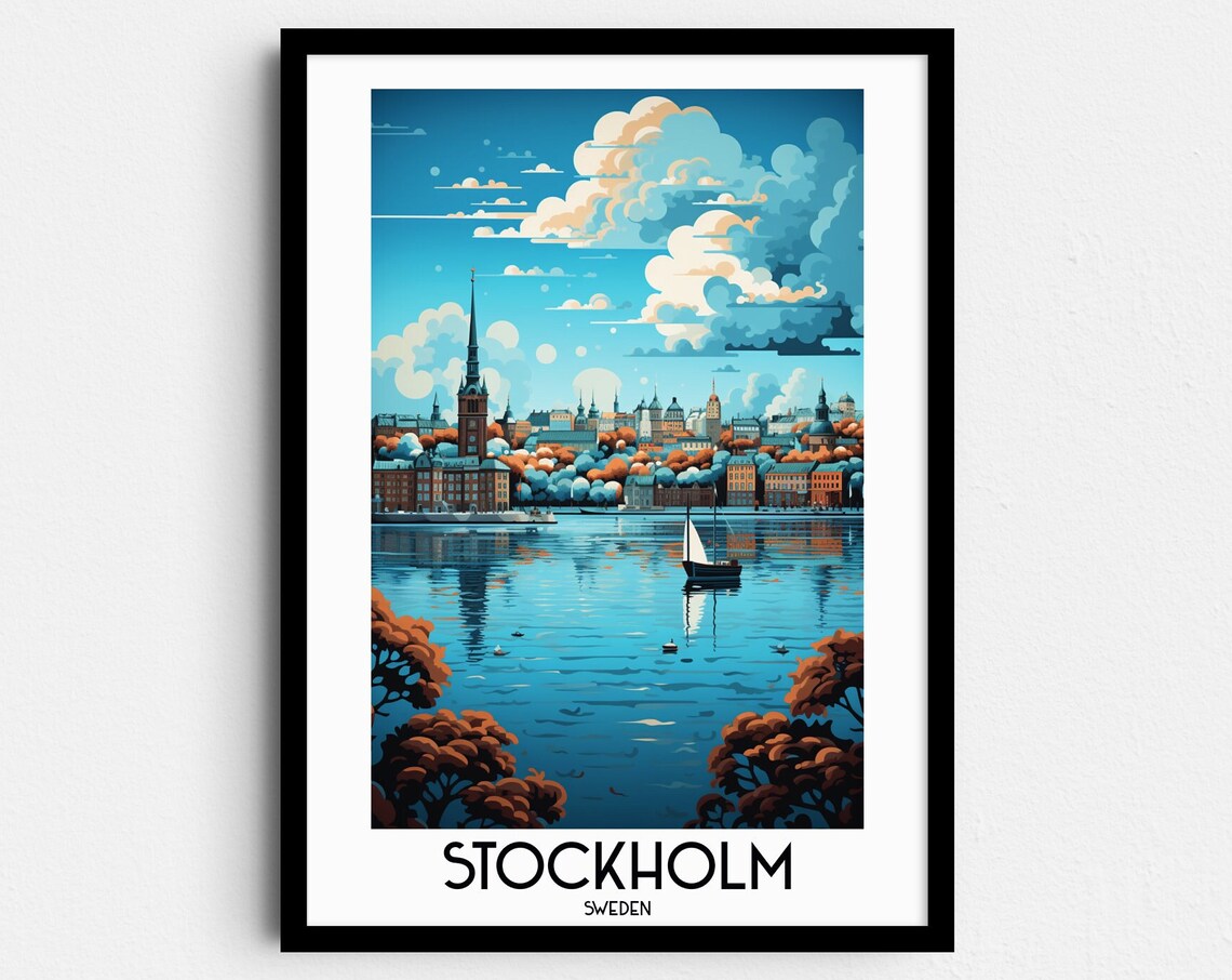 Stockholm Sweden Sailboat Harbor Autumn Skyline Travel Art Poster