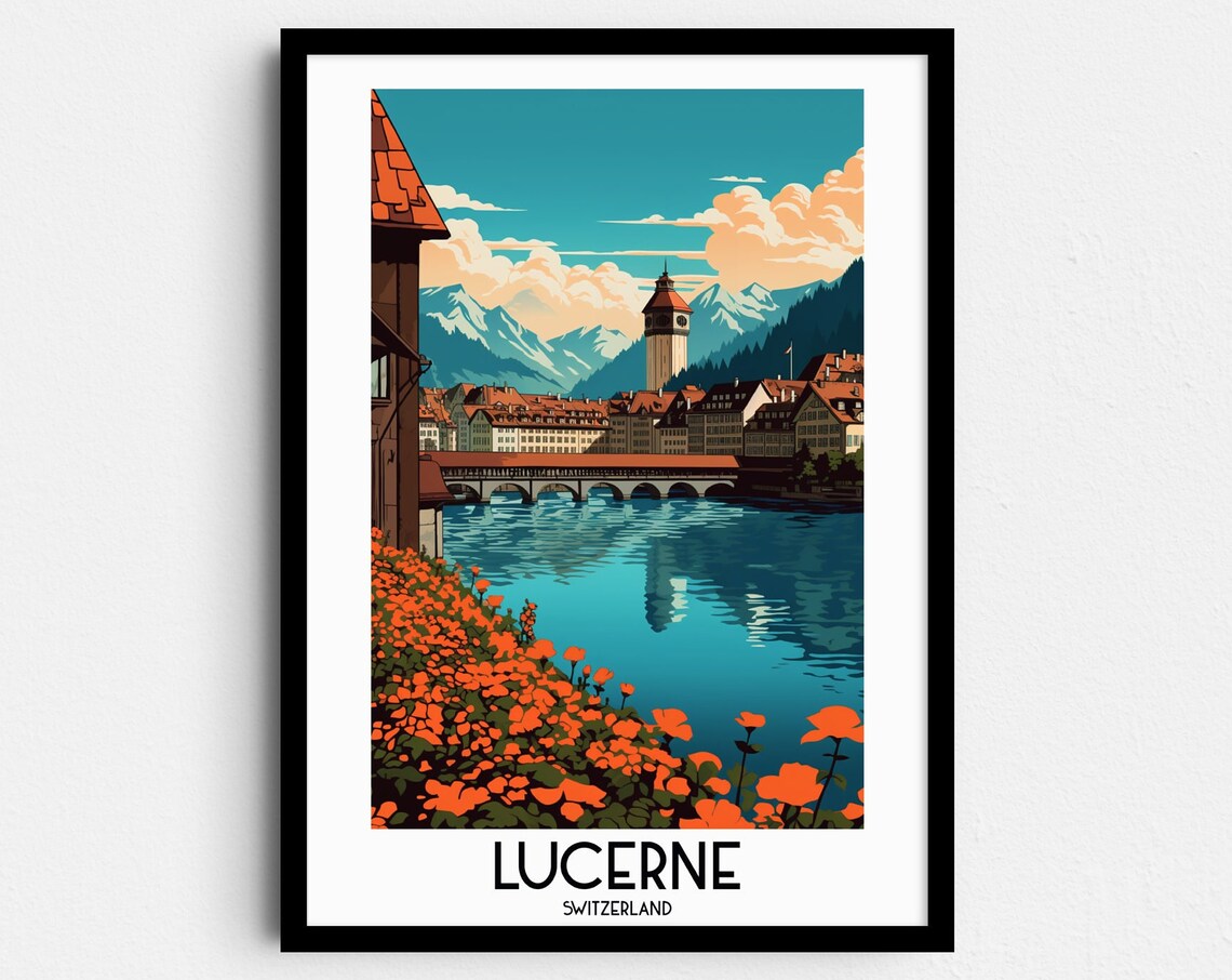 Lucerne Switzerland Chapel Bridge Tower Alpine Lake View Travel Poster