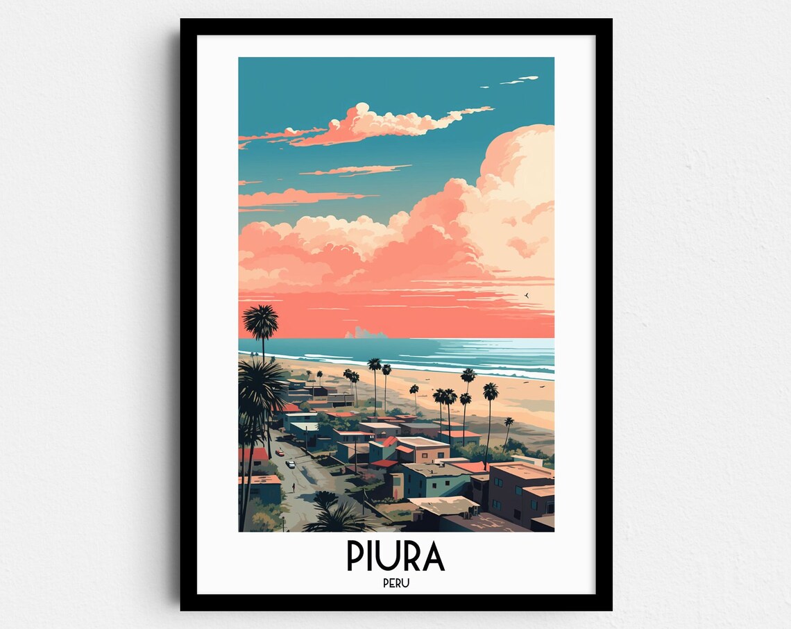 Piura Peru Coastal Town Palm Trees Sunset Ocean Vintage Travel Poster