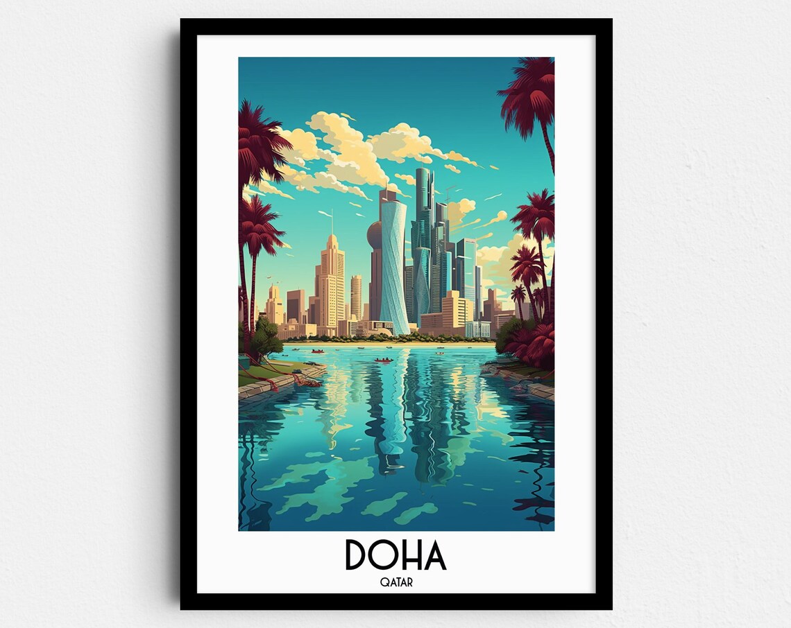 Doha Modern Skyline Water Reflection Palms Qatar Vintage Travel Poster