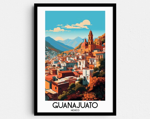 Guanajuato Colorful Colonial Hill City Church Mexico Vintage Poster