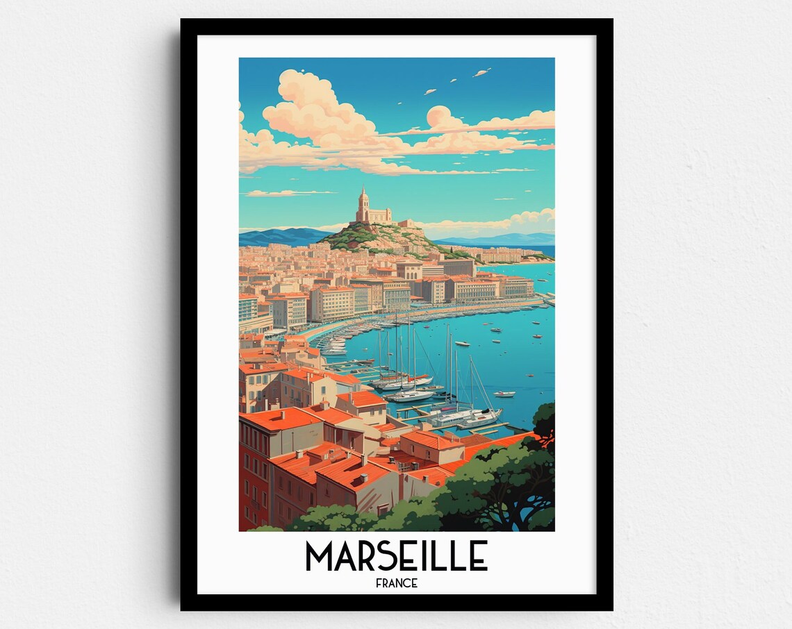 Marseille France Old Harbor Hilltop Basilica Vintage Travel Poster